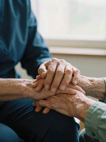 Close-up of a carer gently holding an elderly person's hands in a warm, sunlit room, soft focus, comforting sage green tones, 35mm photography