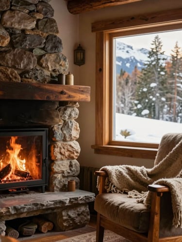 Warm interior detail of a Patagonian mountain cabin, a stone fireplace with crackling fire, cozy woolen blankets on a wooden armchair, window showing snowy forest outside, soft natural light, editorial travel photography