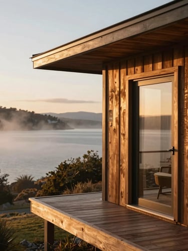 Warm editorial photography of a modern wooden cabin deck overlooking Lake Moquehue at golden hour, soft morning mist, 35mm