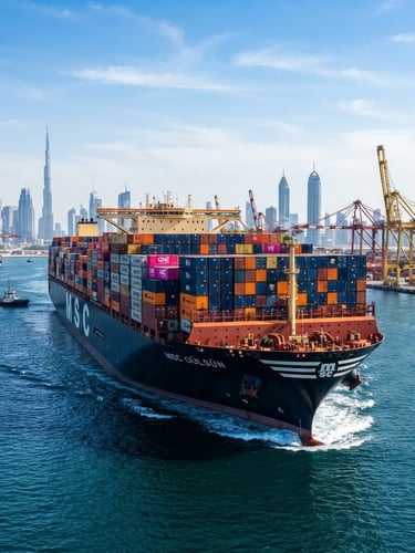Low-angle heroic shot of a large container ship departing Dubai port under bright daylight, high-contrast navy and orange container stacks visible