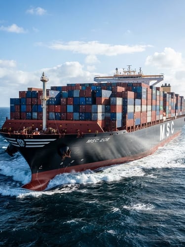 Low-angle heroic shot of a massive modern cargo vessel cutting through deep blue water under bright, crisp daylight, high-contrast sun glinting off stacked containers.
