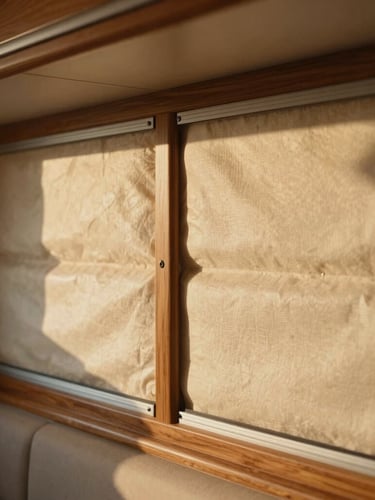 Close-up of premium motorhome interior insulation layers and yacht-style wood finish joints, soft warm morning light casting shadows, macro 35mm