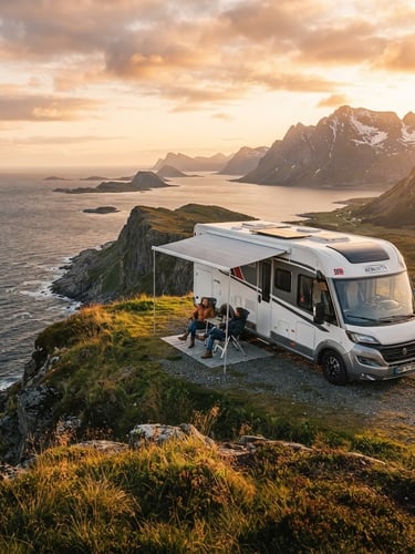 Wide-angle cinematic shot of a luxury Mobilvetta motorhome parked on a dramatic coastal cliff in Norway at golden hour, soft backlighting, ocean in the background, 35mm