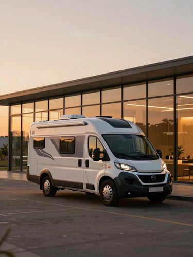 A sleek modern motorhome parked in front of a minimalist glass showroom building at sunset, warm architectural lighting, golden hour