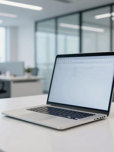 Crisp corporate photography of a bright, cool-toned modern corporate workspace, close-up of a sleek laptop open on a clean desk, architectural lines of a high-end office in the background, daytime neutral light, 35mm lens