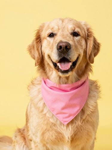 vibrant studio pet photography of a happy golden retriever wearing a bright pink bandana, soft yellow background, warm high-key lighting, 50mm lens