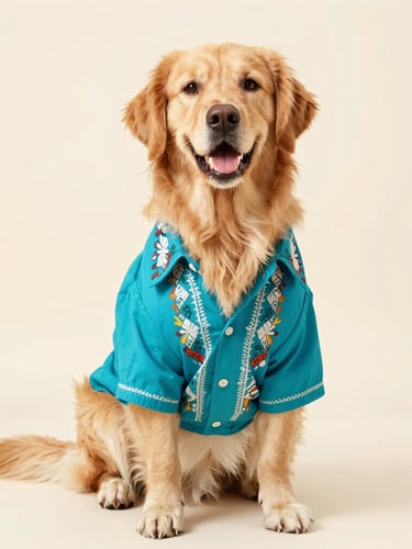 A happy golden retriever wearing a vibrant turquoise Mexican-style artisanal shirt, sitting proudly in a bright studio with a warm cream backdrop, soft lighting, 50mm lens