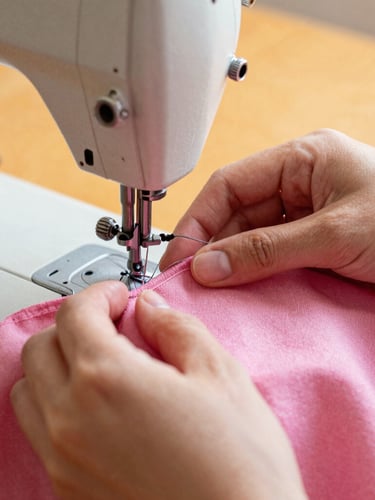Close-up of artisan hands sewing a colorful pink fabric with precise stitches, vintage sewing machine visible, warm natural light, textile textures