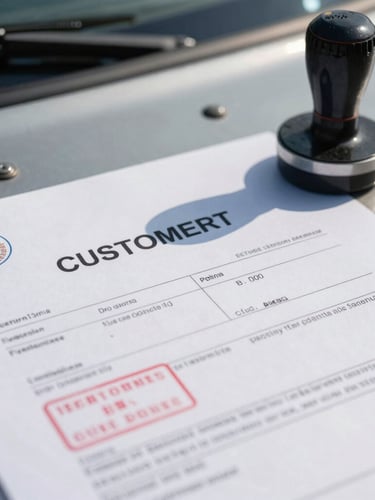 Extreme close-up of a physical customs clearance document with official ink stamps resting on a metal truck hood, harsh natural daylight.