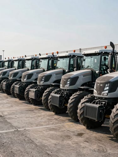 Wide-angle outdoor shot of a heavy industrial truck yard under harsh daylight, rows of clean commercial tractor heads parked precisely on asphalt, metal textures visible.