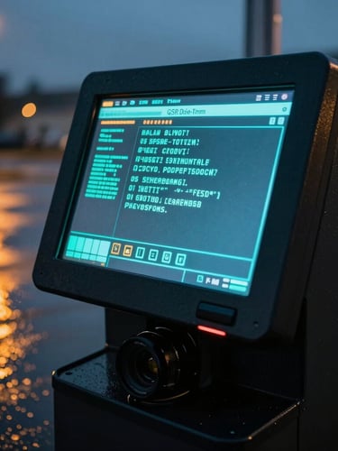 Tight angular shot of a rugged digital QSR drive-thru terminal screen glowing with cyan code at twilight, rainy pavement reflecting amber neon light, 35mm lens