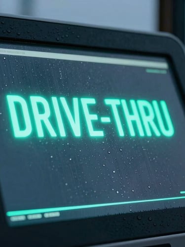 A close-up angled shot of a sleek drive-thru digital kiosk screen glowing with neon cyan text at twilight, rain droplets on the glass, soft amber headlights blurred in the background, 35mm lens.