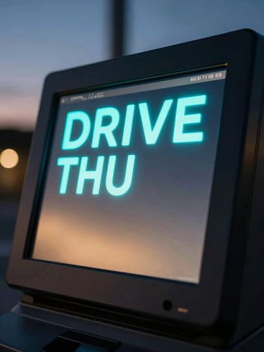 Tight angular shot of a digital drive-thru kiosk screen glowing with neon cyan text at twilight, sharp details, 35mm lens