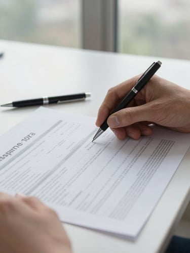 Close-up of hands turning the page of a printed insurance carrier comparison document on a clean desk, natural window light from the right, a pen resting beside the document, shallow depth of field, overcast daylight, no faces visible