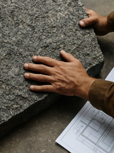 Close-up of a raw, textured granite slab being inspected by a craftsman, architectural blueprints resting on a concrete surface nearby, high-contrast natural daylight
