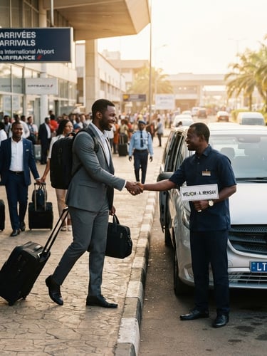 Professional business travelers arriving at Douala airport, greeted by a driver with a clean modern vehicle, warm morning light, editorial travel photography style