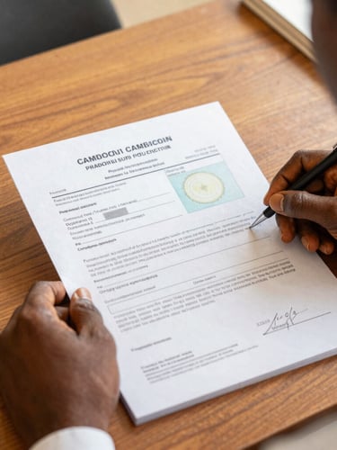 Close-up of a professional travel agent reviewing official Cameroonian state licensing documents on a wooden desk, warm gold lighting, shallow depth of field