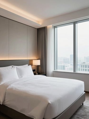 Wide-angle view of a spotless luxury hotel room, lights on, bed perfectly made with crisp white linen, gleaming surfaces, no people present, clinical daylight filling the space from tall windows on the right side