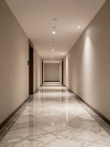 Wide environmental shot of an immaculate hotel room corridor, lights on, polished marble floor gleaming, no people present, shot from low angle with crisp specular highlights emphasising cleanliness and precision