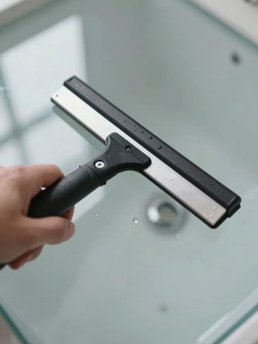 Close-up overhead shot of a spotless glass surface being wiped by a gloved hand holding a professional squeegee, bright natural daylight from the left, water droplets mid-motion, surface perfectly reflective