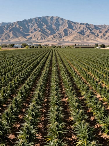 Wide panoramic view of high-scale cannabis cultivation fields in Mendoza under natural Andean sunlight, geometric rows of plants extending towards the mountains, clinical precision.