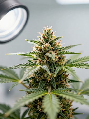Extreme close-up of a certified cannabis sativa plant showing rich trichomes under clinical white laboratory light, macro lens, sterile scientific setting, shallow depth of field.