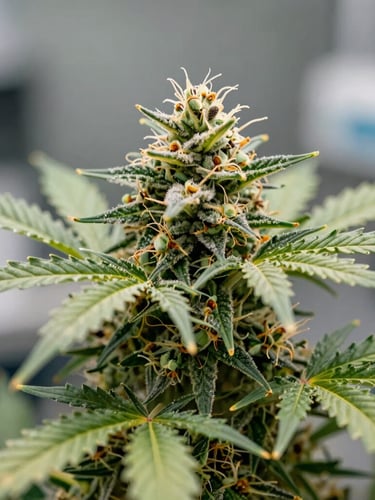 Macro shot of a certified cannabis plant showing trichomes with scientific precision, high-contrast natural Andean sunlight, laboratory depth of field, sterile and sharp.