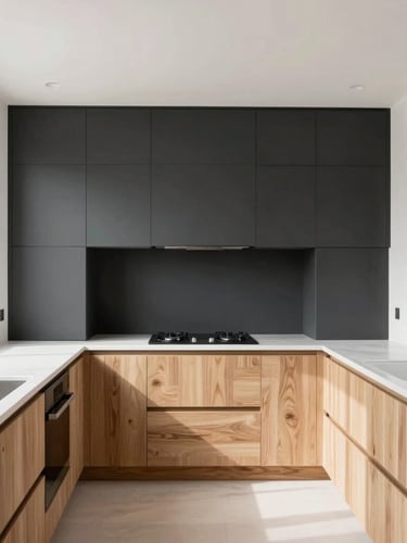 Straight-on architectural photo of a modern kitchen with custom charcoal joinery, bright natural daylight flooding through windows, highlighting clean oak details and matte finishes, 35mm