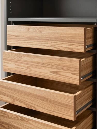 Straight-on detailed close-up of custom oak drawer organizers and soft-close runners inside a modern charcoal wardrobe, bright natural daylight
