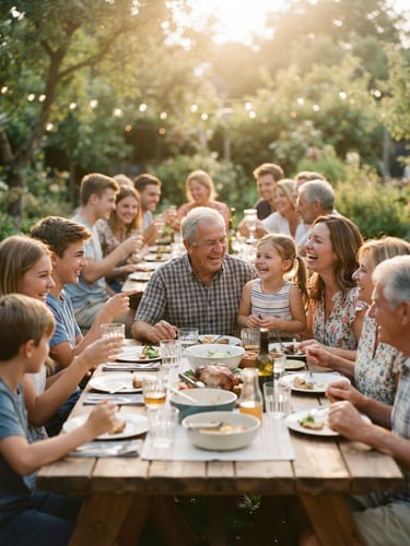 A warm multi-generational family gathering outdoors, golden-hour natural light, candid laughter around a long wooden picnic table, 35mm film aesthetic