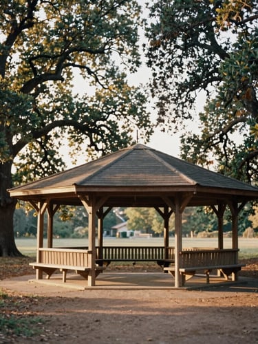 Wide angle nostalgic photograph of an old wooden picnic pavilion surrounded by ancient oak trees, soft golden hour sunlight filtering through leaves, 35mm film aesthetic.
