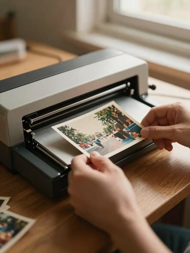 Detailed close-up of a vintage flatbed scanner on a wooden table, soft window light, hands carefully placing a faded color photograph, warm nostalgic tones