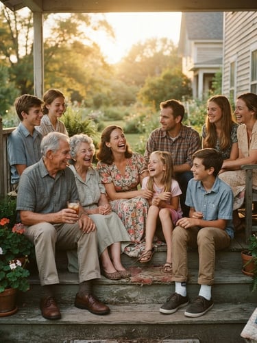 A warm nostalgic photo of family members sitting together on a porch at golden hour, talking and smiling, faded vintage film tones