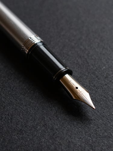 Macro close-up of a premium fountain pen resting on heavy textured black paper, sharp directional side-lighting casting deep dramatic shadows, minimal composition