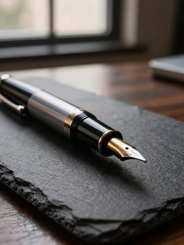 Macro close-up of a premium fountain pen resting on a dark slate executive desk, sharp directional side-lighting from a window at dusk, deep shadows.