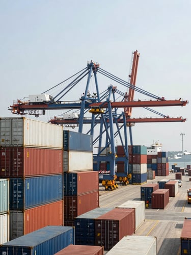 A high-contrast wide-angle view of a maritime container terminal, towering stacked shipping containers under crisp overcast daylight, a container crane in the background.