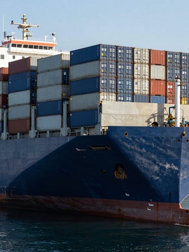 Crisp morning daylight shot of a container ship being loaded at a California port, stacks of blue and gray shipping containers, deep maritime navy water, high-contrast industrial composition.