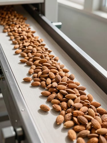 A high-angle portrait crop of an industrial agricultural sorting facility, graded raw almonds flowing along a clean steel conveyor belt under bright morning light.