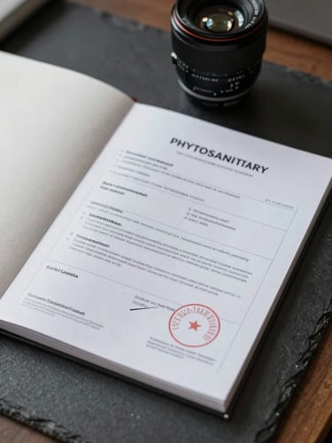 Clean, structured trade documentation folder with phytosanitary certificates lying on a dark slate desk.