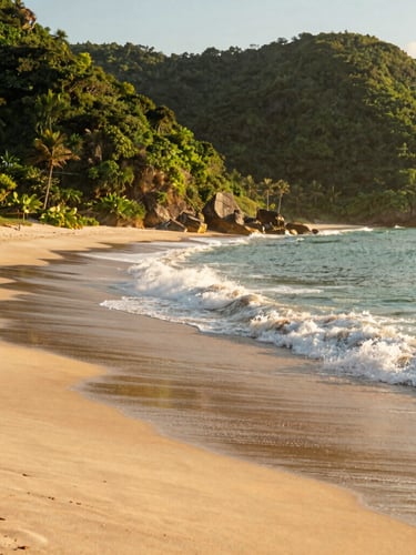 Pristine sandy beach of Prainha in São Francisco do Sul during a warm golden hour, gentle Atlantic waves rolling onto the shore, lush green coastal hills framing the scene, editorial travel photography.