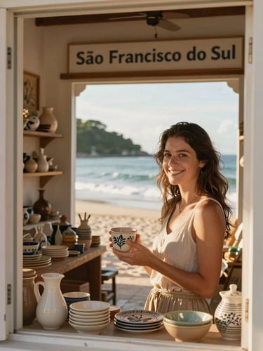 A local artisan smiling inside a warm coastal shop in São Francisco do Sul, holding handcrafted ceramic pieces, soft natural sunlight filtering through the window, authentic travel photography.