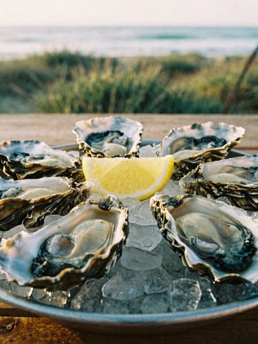 Close-up of fresh oysters served on a bed of crushed ice with lemon slices, rustic wooden table background, warm golden hour light, 35mm photography