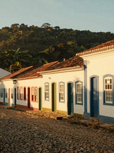 Wide environmental portrait of colorful colonial houses in São Francisco do Sul, warm golden hour light reflecting off cobblestone streets, editorial travel style, 35mm.