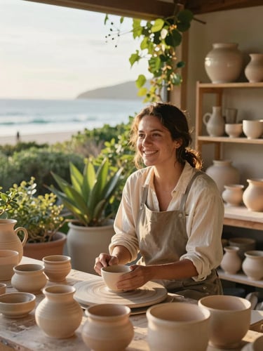 Medium shot of a local artisan smiling in her sunlit workshop, surrounded by handmade ceramic pots and green coastal plants, warm natural light, editorial travel style