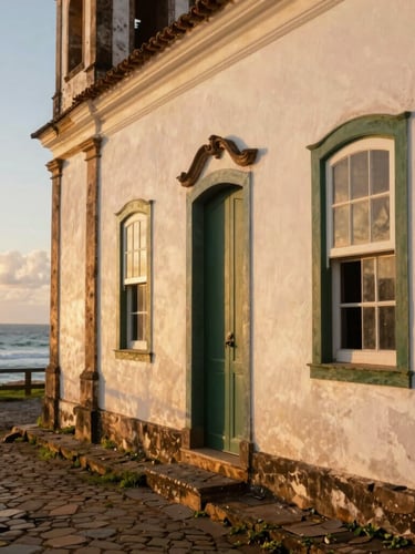 Close-up of historic colonial architecture details in São Francisco do Sul, warm golden hour sunlight reflecting off pastel-colored stucco walls and cobblestones, editorial travel photography, 35mm.