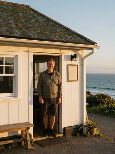 Friendly local host smiling at the entrance of a charming coastal inn, warm golden sunlight, welcoming atmosphere