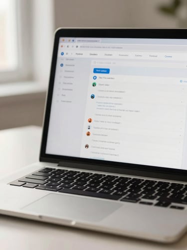Close-up of a WordPress dashboard on a laptop screen, plugin update list visible, soft natural light from the left, clean desk surface beneath, warm off-white tones