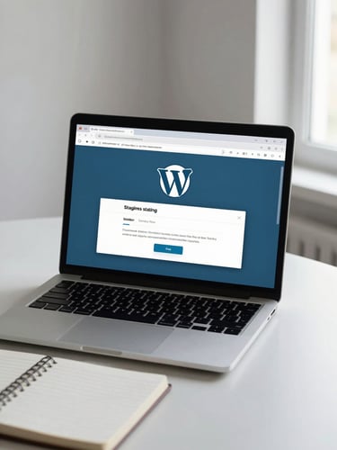 A laptop open beside a notepad on a calm desk, the screen showing a WordPress staging environment with two browser tabs side by side, window light from the right, minimal studio setting