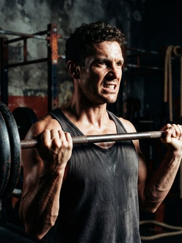 Low-angle heroic close-up of a determined athlete in a dark industrial gym, dramatic key light, deep shadows, intense saturated tones, raw cinematic grain, 35mm