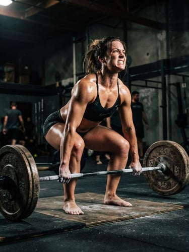 Low-angle heroic shot of an elite athlete in a dark industrial gym, dramatic key light, sweat-glistening skin, intense focus, 35mm cinematic grain.